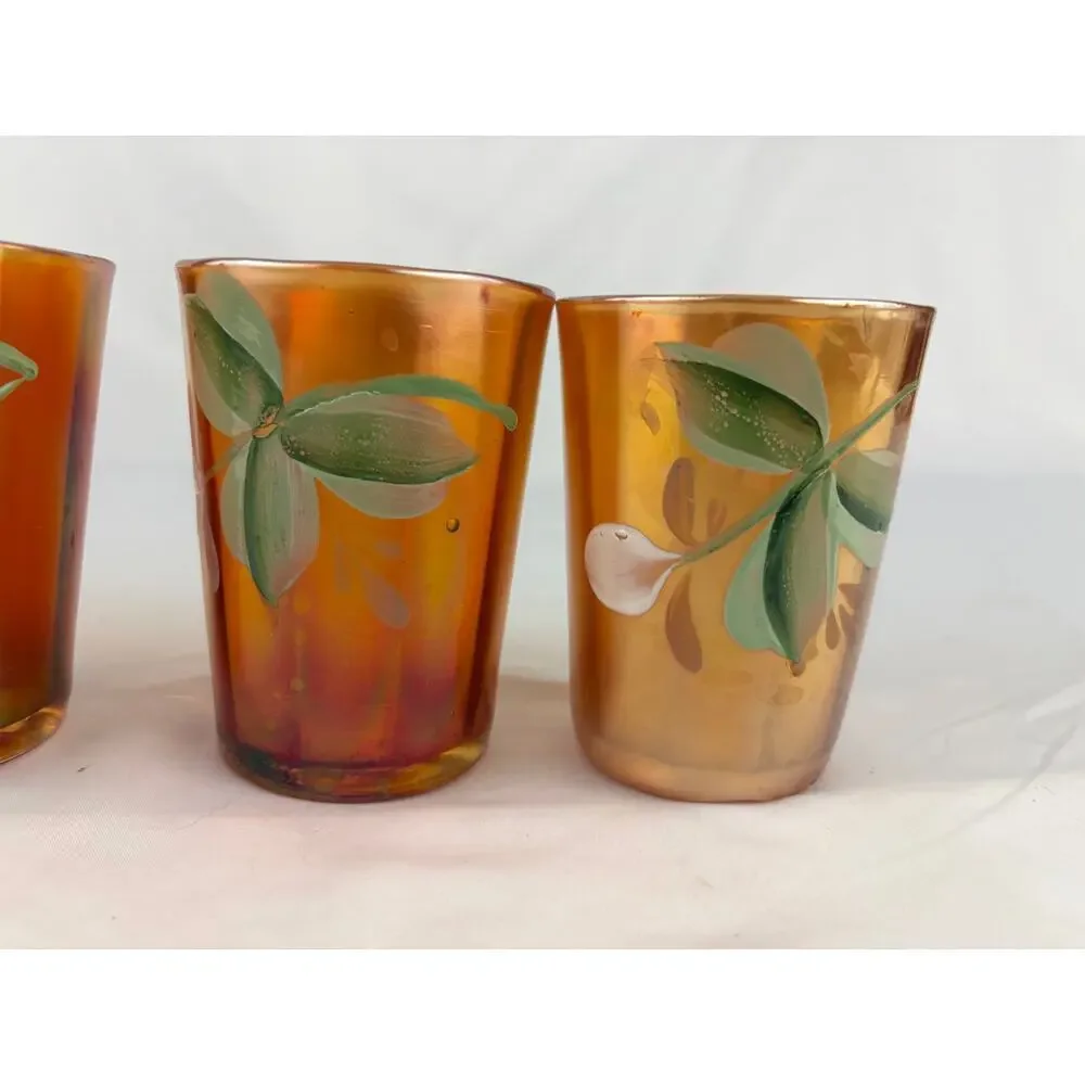 Lot of 4 Antique Fenton Enameled‎ Windflower Marigold Carnival Glass Tumblers